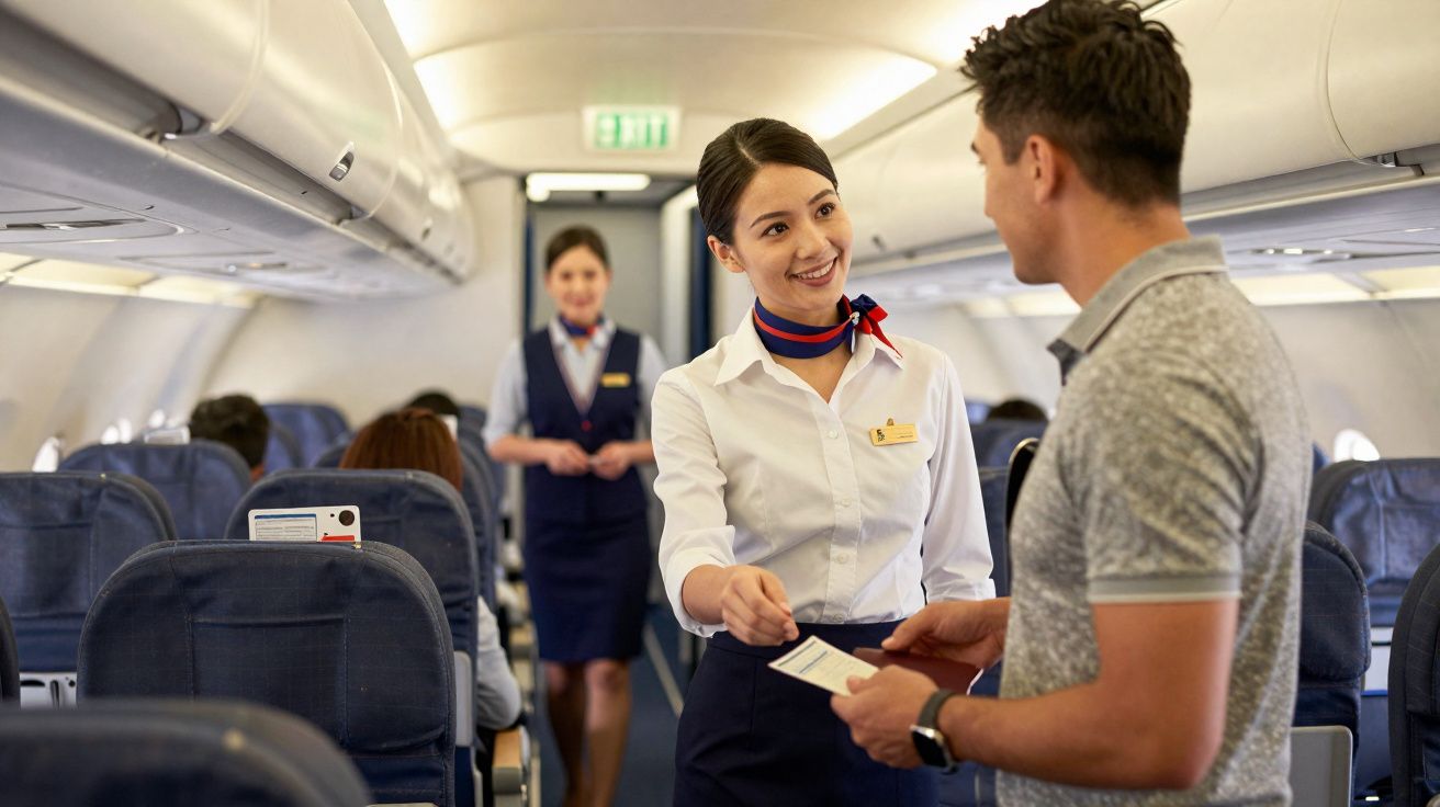 Comissária de bordo sorridente entregando um bilhete para passageiro dentro do avião.