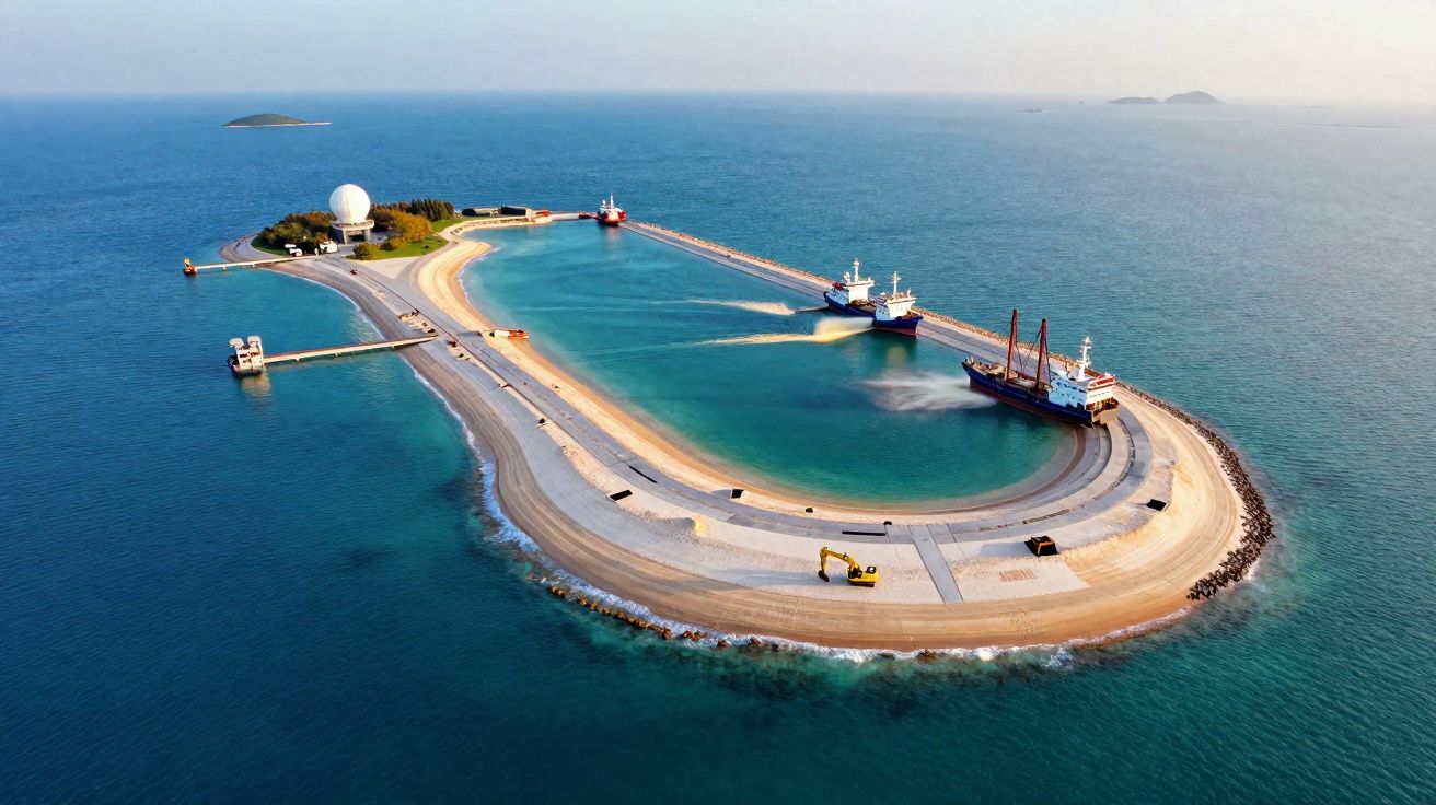 Ilha artificial com cais contornado por espigão, dois navios atracados e vegetação no fundo.