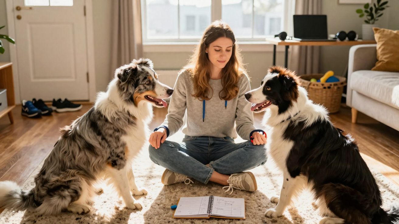 Mulher sentada no chão meditando entre dois cães grandes em sala iluminada pela manhã.