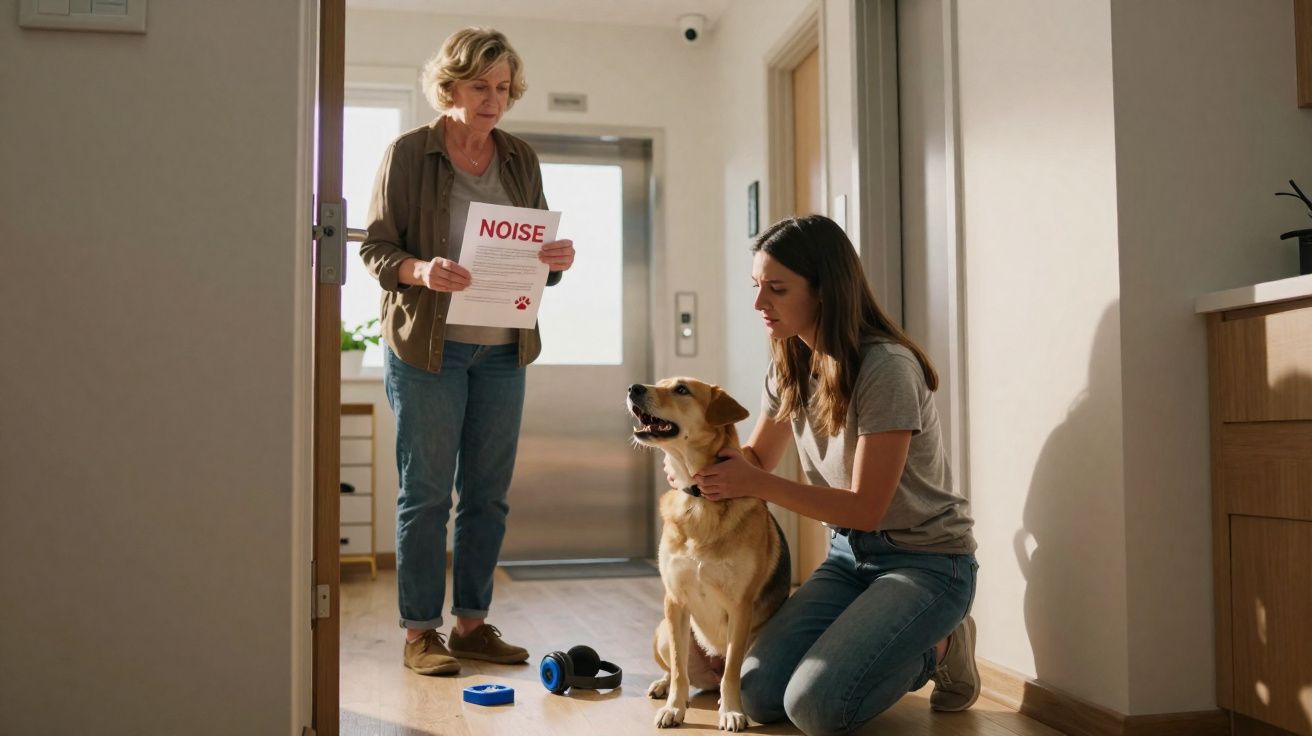 Mulher segurando aviso de barulho enquanto outra afaga cachorro em corredor de apartamento.