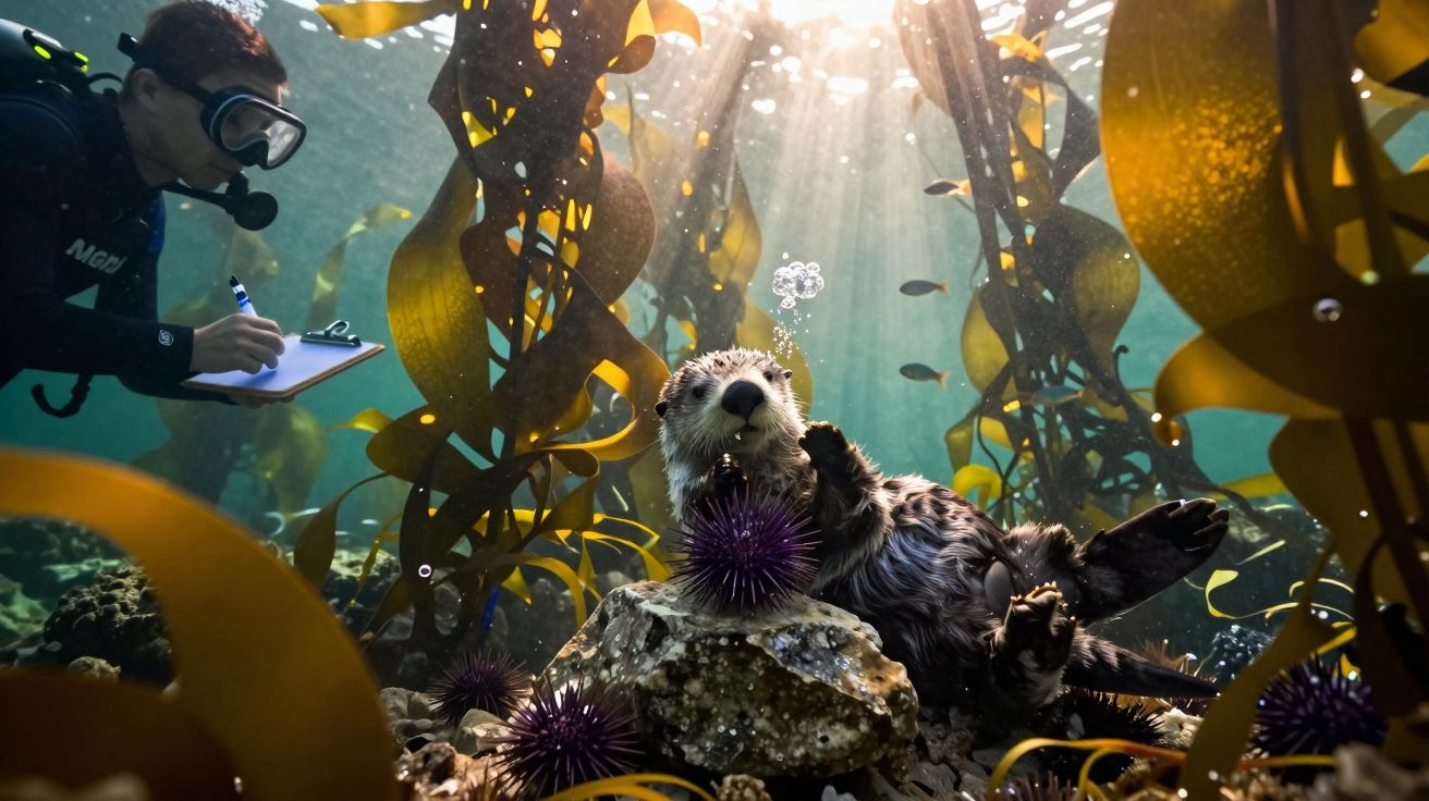 Animal lontra marinha submersa perto de ouriços-do-mar e plantações de algas marinhas com cientista mergulhador anotando dado