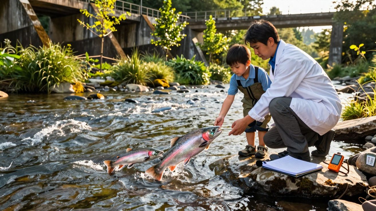 Pai e filho observam peixes saltando em rio próximo a ponte durante estudo ambiental.