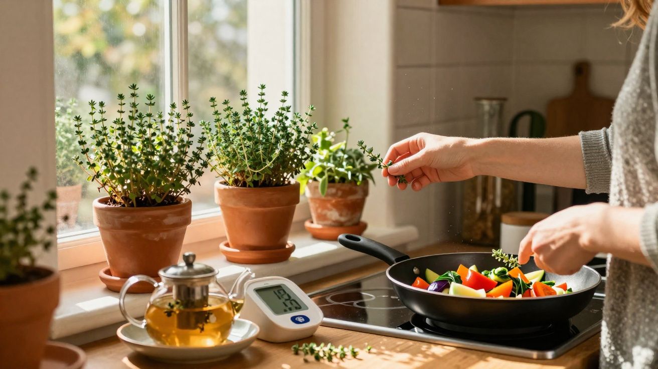 Pessoa temperando legumes em frigideira na cozinha com plantas em vasos na janela.