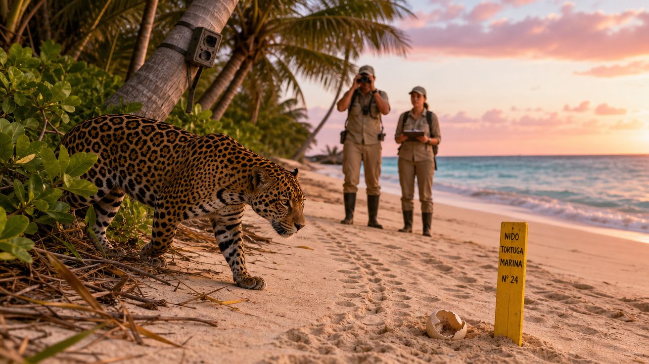 Onça-pintada caminhando na praia próxima a duas pessoas observando e placa de ninho de tartaruga marinha.