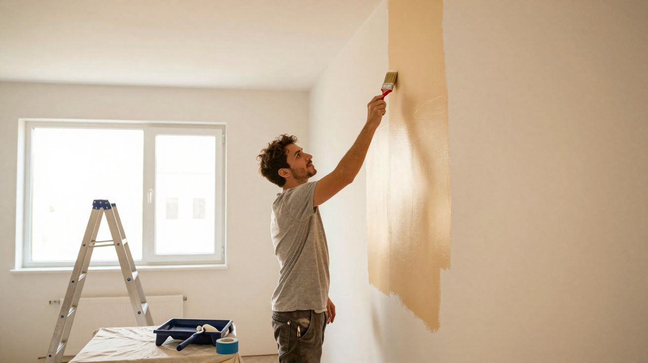 Homem pintando parede bege em sala clara com escada e materiais de pintura ao lado.