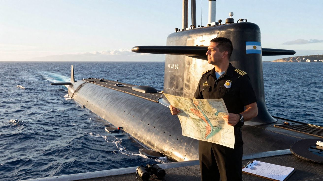 Homem em uniforme naval segurando um mapa em cima de submarino no mar ao entardecer.