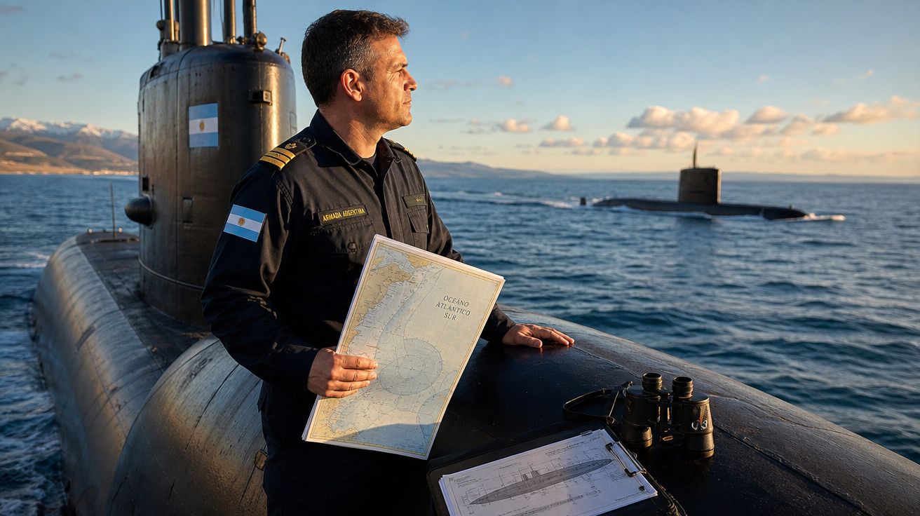 Homem fardado argentino com mapa na mão está sobre submarino no mar ao entardecer.