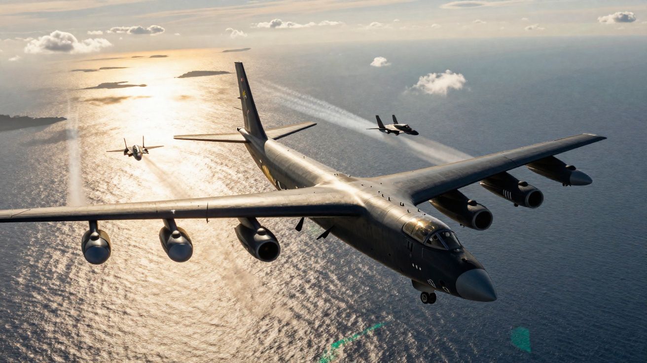 Formação de aviões militares voando sobre o mar ao pôr do sol com céu parcialmente nublado.