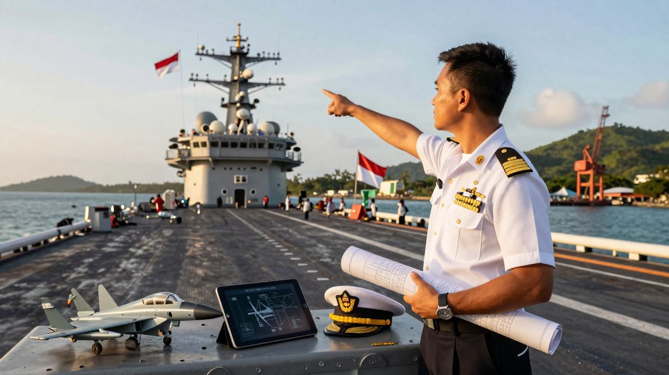 Oficial naval aponta para frente em porta-aviões com miniatura de avião, mapa e tablet na frente.