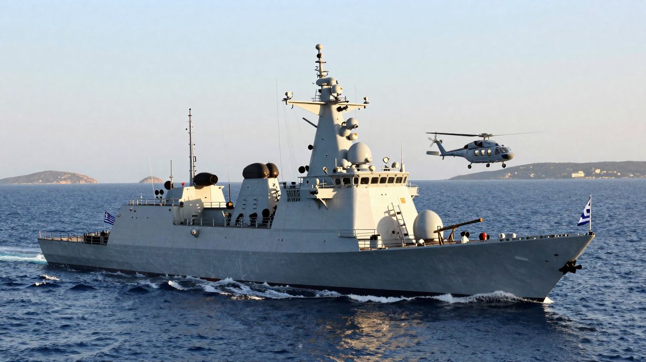 Navio de guerra grego navegando no mar com helicóptero voando ao lado durante dia claro.