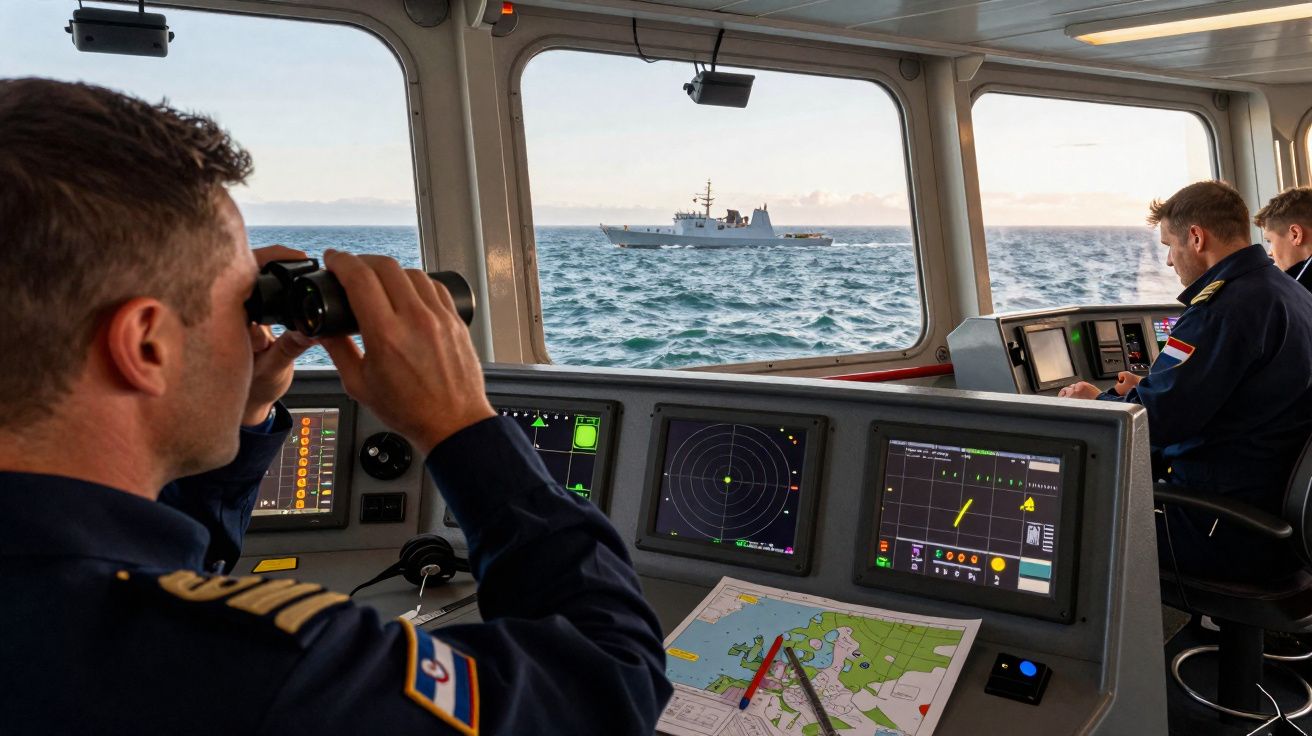 Marinheiro observa com binóculo navio ao longe no comando do navio com mapas e radares.