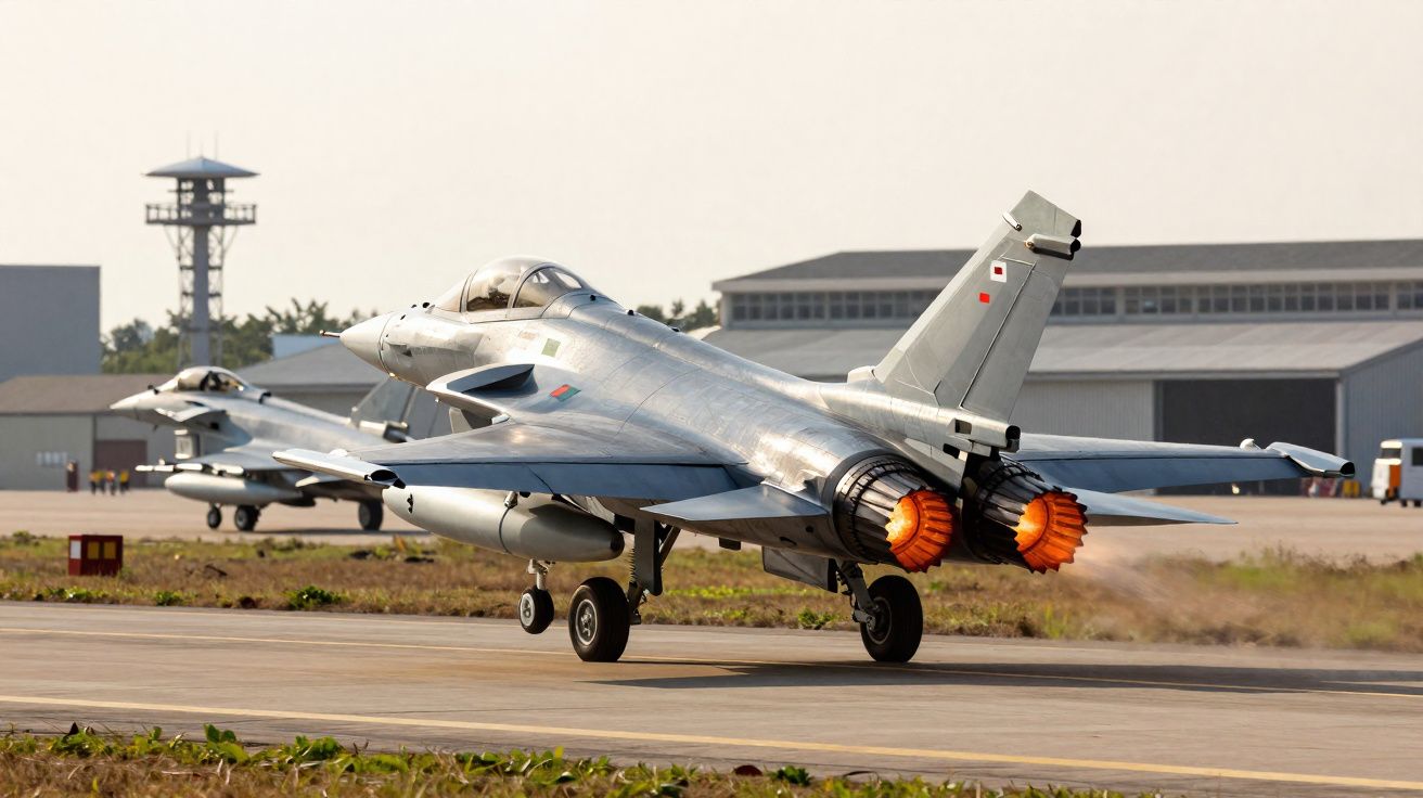 Caça militar decolando com motores em pós-combustão em pista de aeroporto militar.