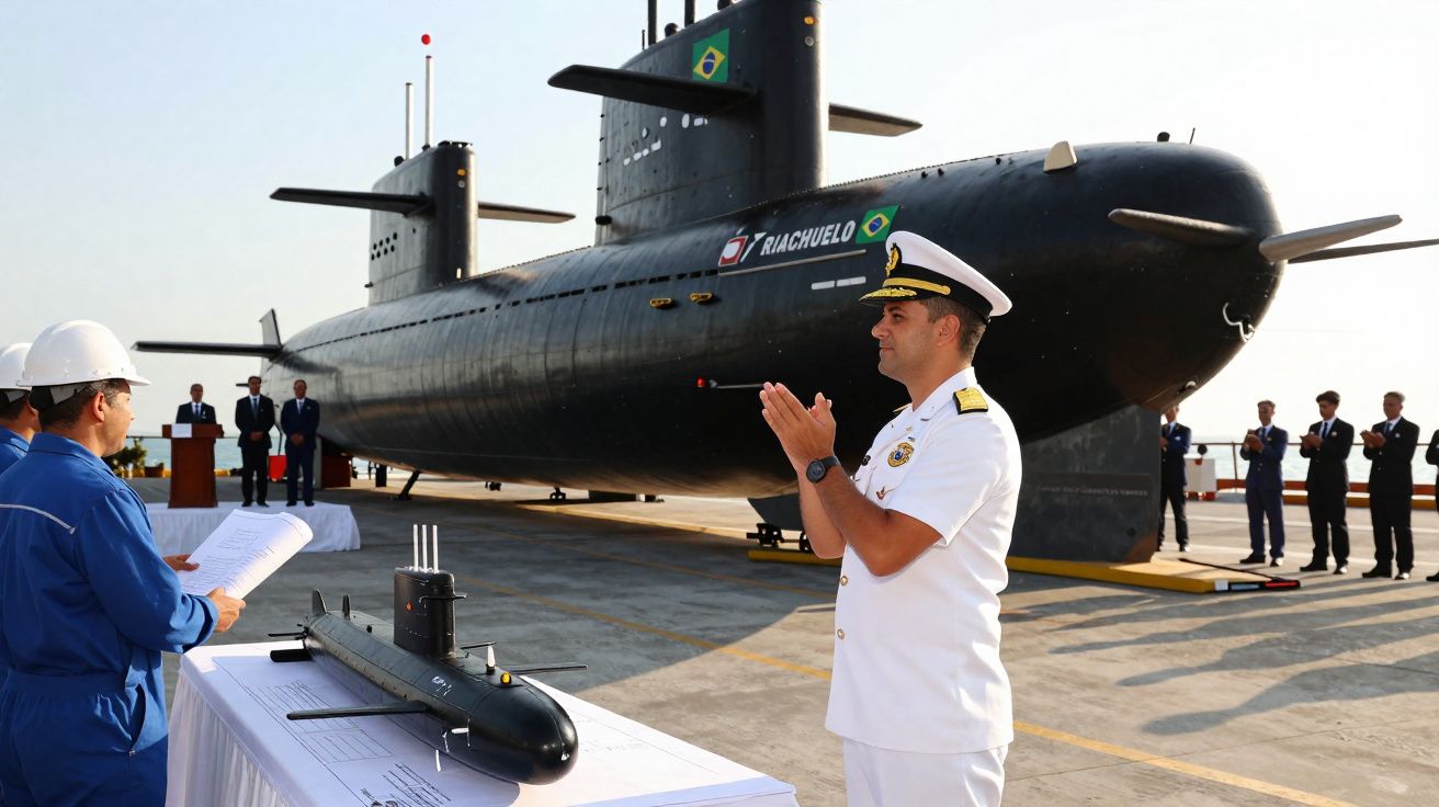Oficiais da Marinha em cerimônia diante do submarino Riachuelo na doca do porto.
