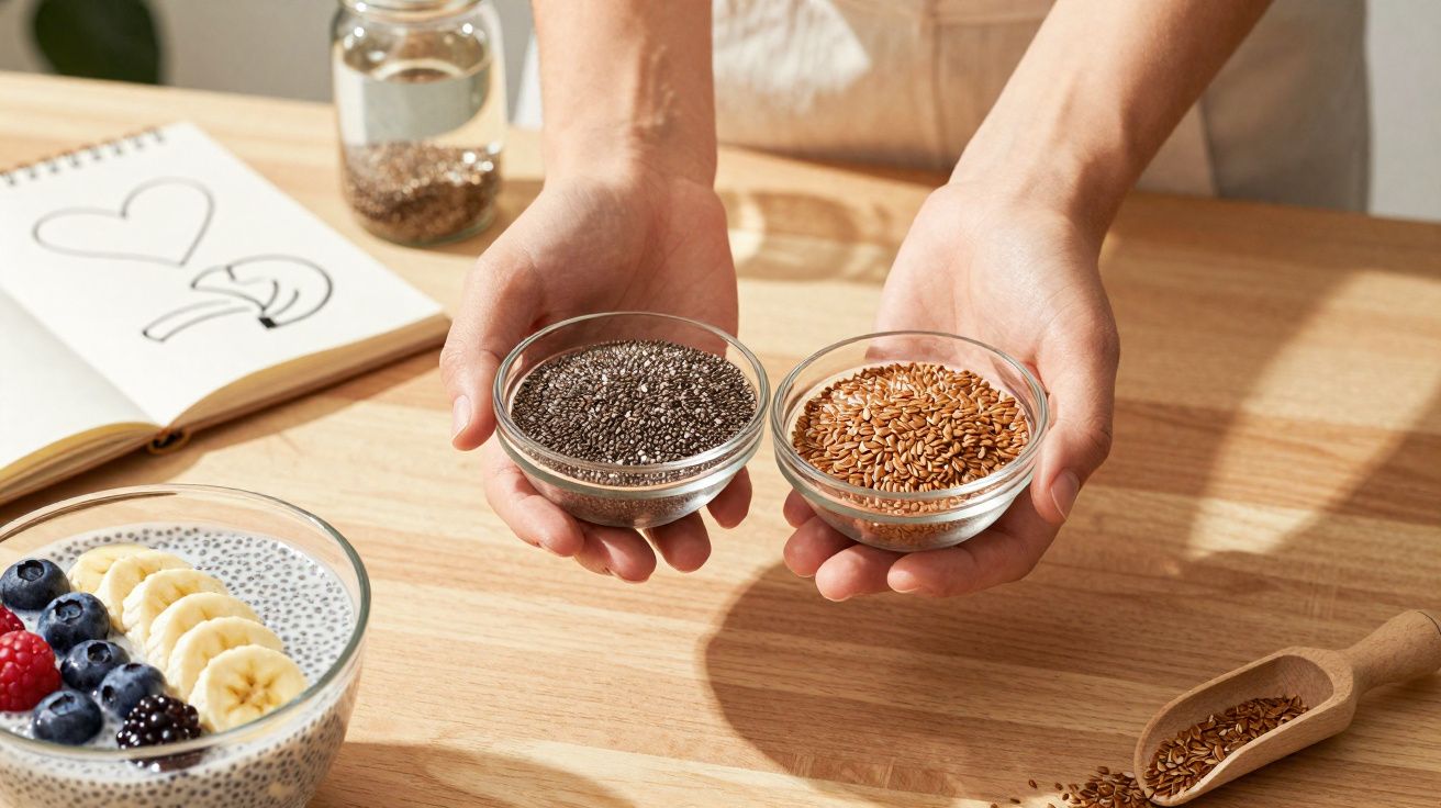 Mãos segurando potes com chia e linhaça sobre mesa com tigela de iogurte e frutas e caderno ao fundo.