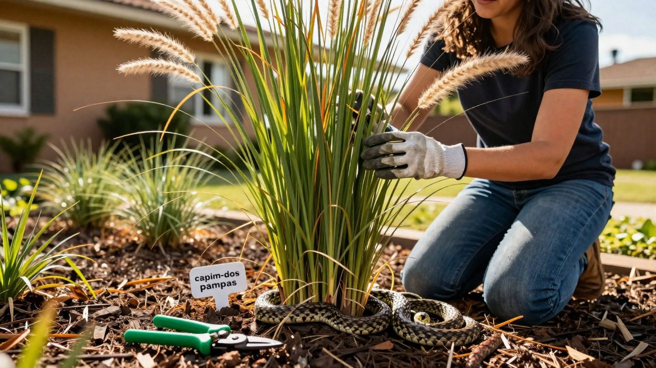 Pessoa ajoelhada cuidando de capim-dos pampas em jardim com uma cobra enrolada na planta.