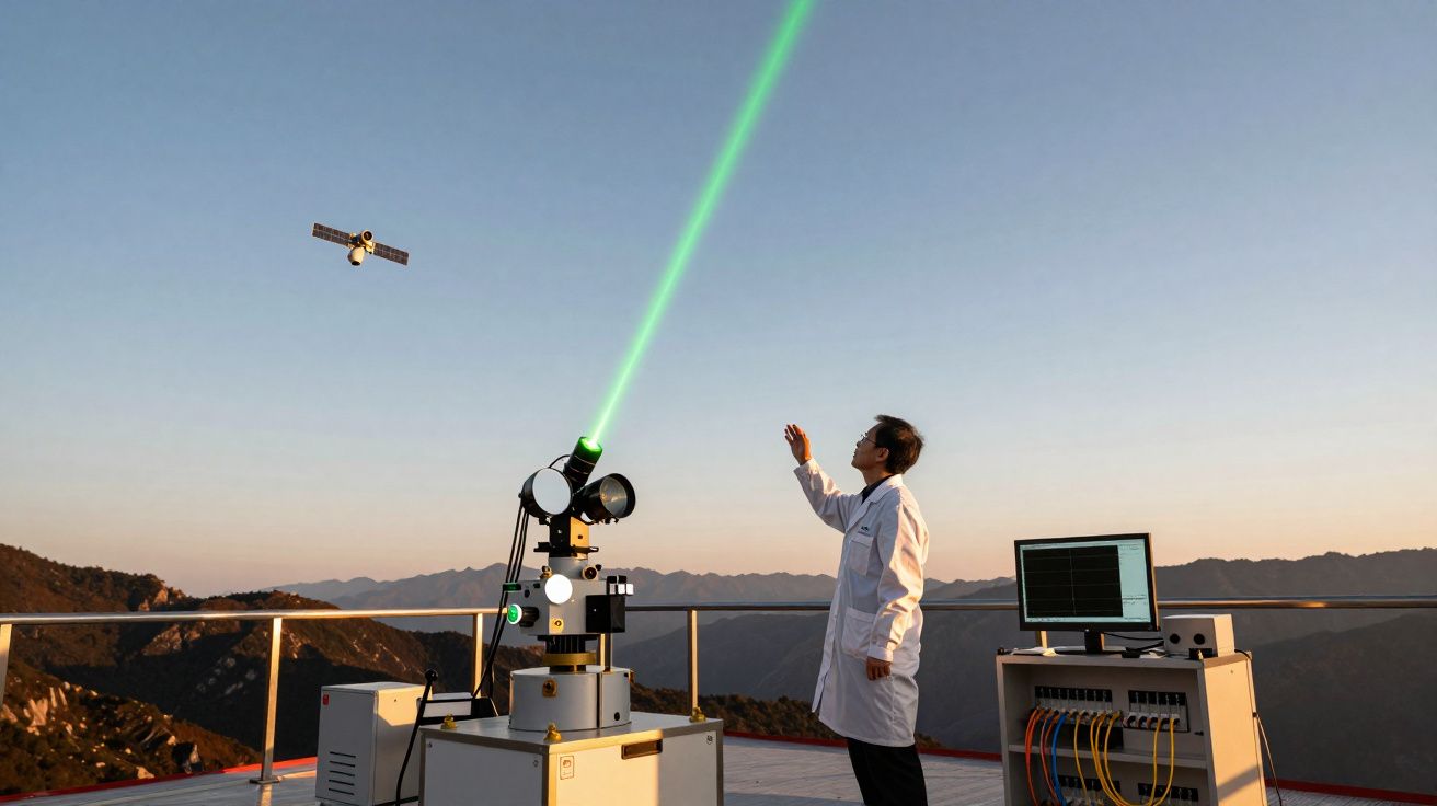 Cientista operando equipamento com laser verde apontando para satélite no céu ao pôr do sol nas montanhas.