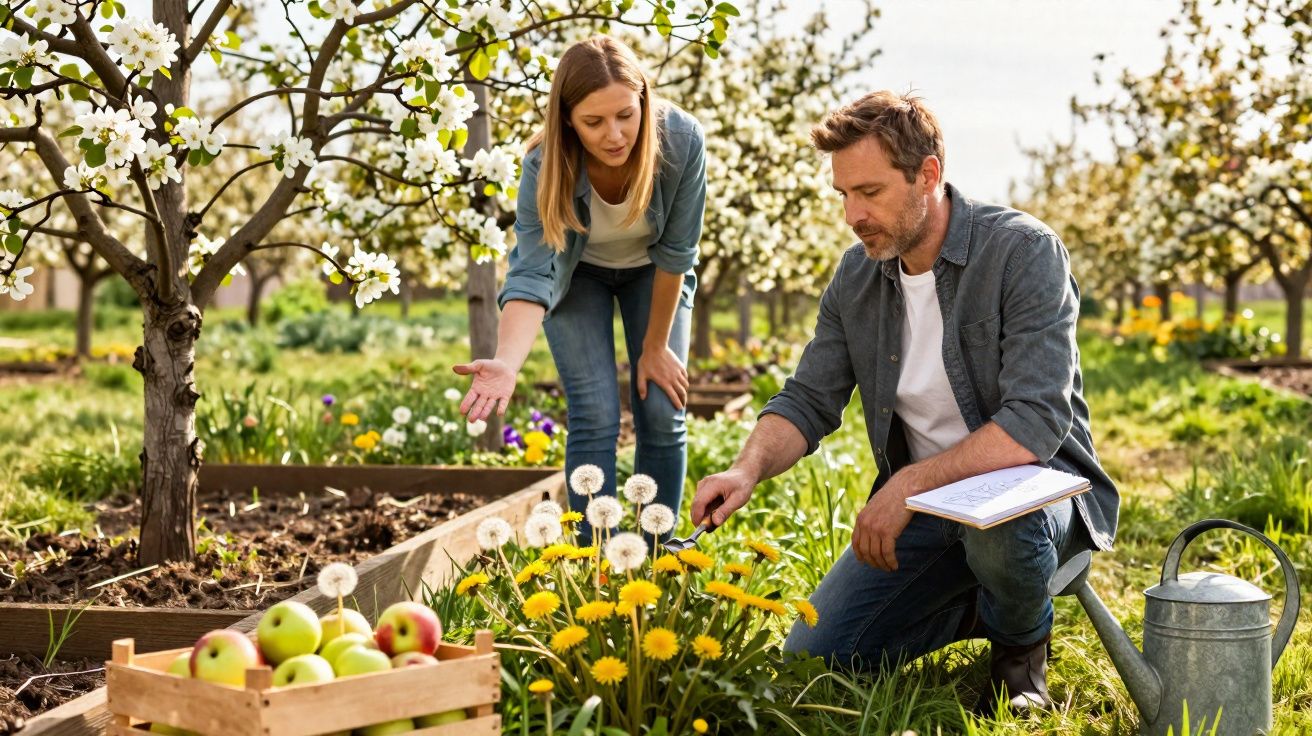 Homem e mulher cuidando de flores em pomar florido com caixa de maçãs e regador.