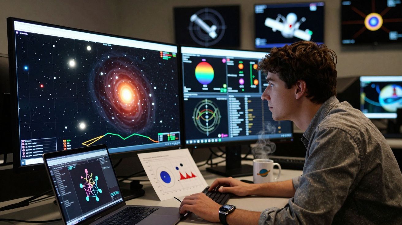Jovem analisando dados astronômicos em vários monitores com gráficos e imagem de galáxia em ambiente de escritório.