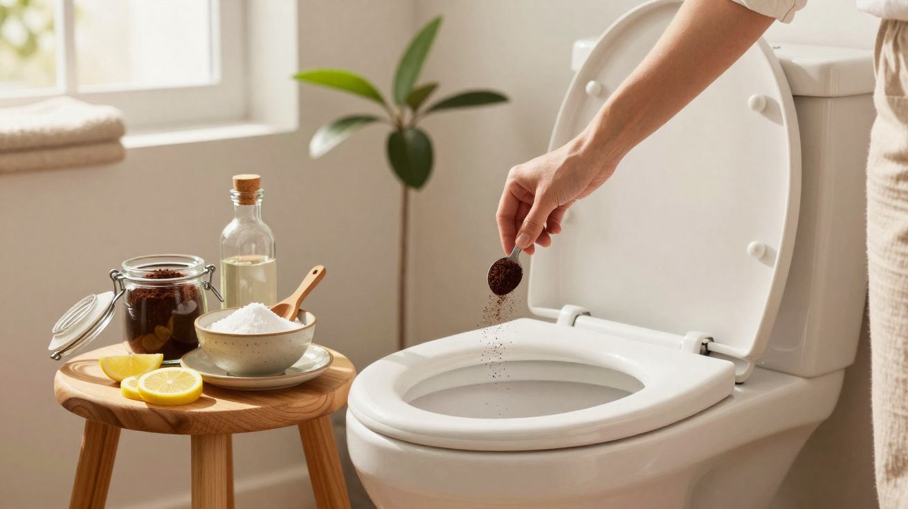 Pessoa adicionando pó para limpar vaso sanitário em banheiro claro com mesa ao lado contendo limão, sal e ingredientes.