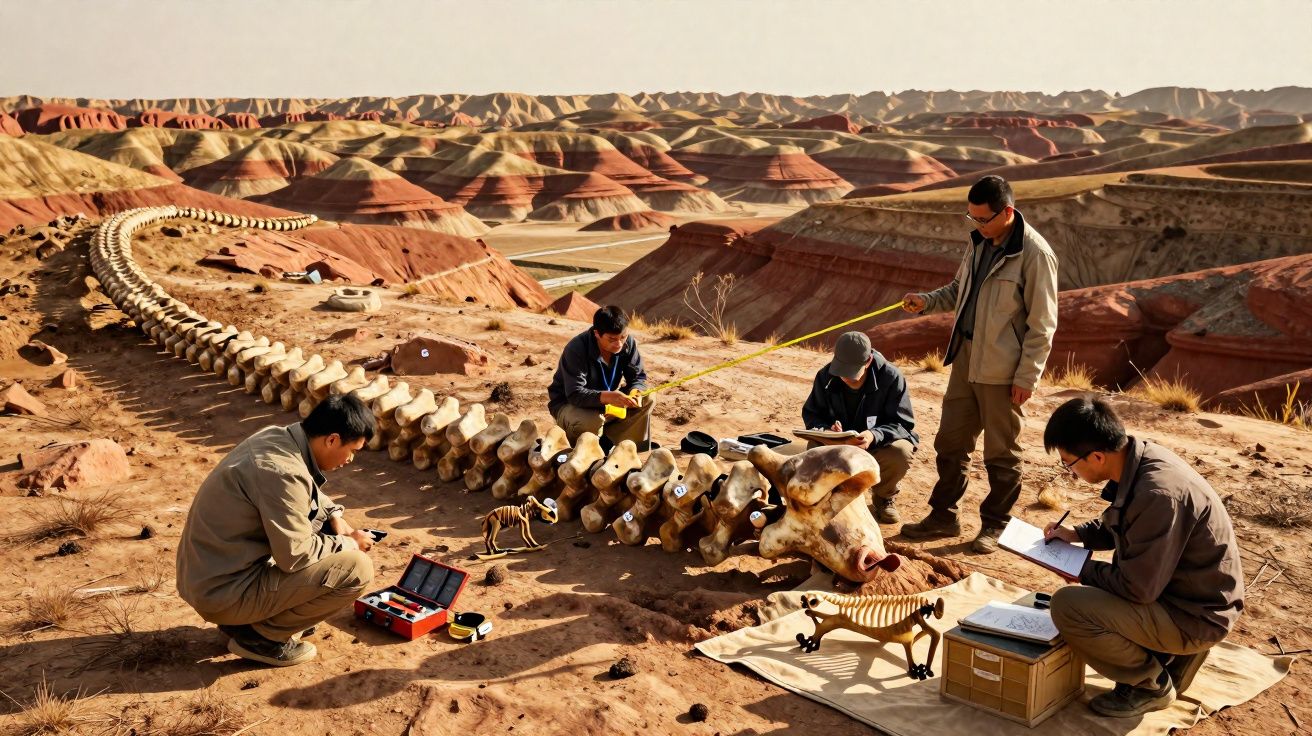 Equipe de arqueólogos medindo e estudando grandes ossos fósseis em deserto com colinas coloridas ao fundo.