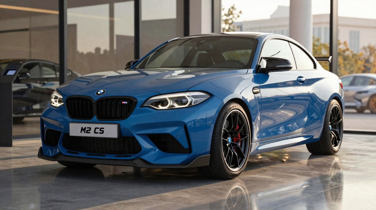 Carro esportivo BMW M2 CS azul estacionado em garagem moderna com piso refletivo.