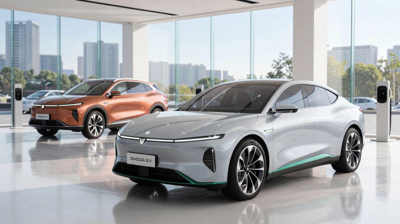 Dois carros elétricos modernos em showroom com janelas amplas e vista urbana ao fundo.