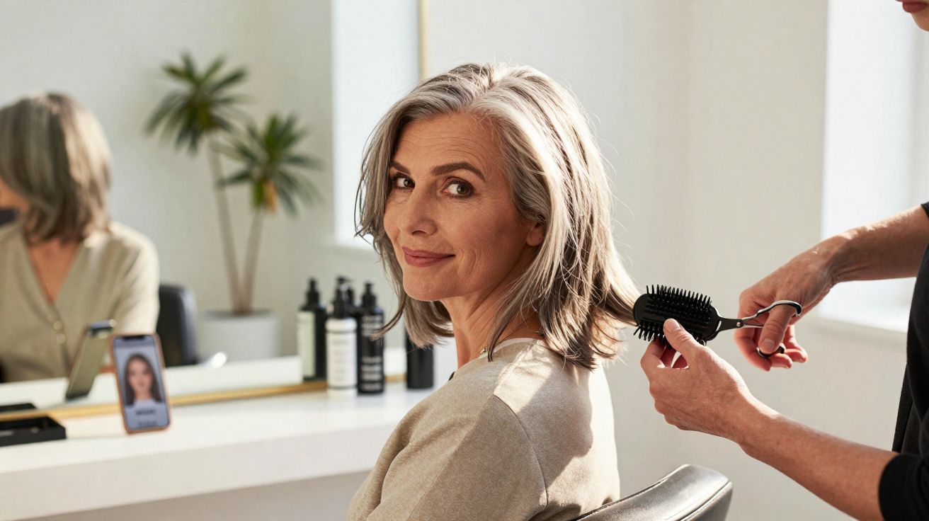 Mulher sorridente de cabelos grisalhos sentada no salão de beleza com cabeleireiro preparando corte.