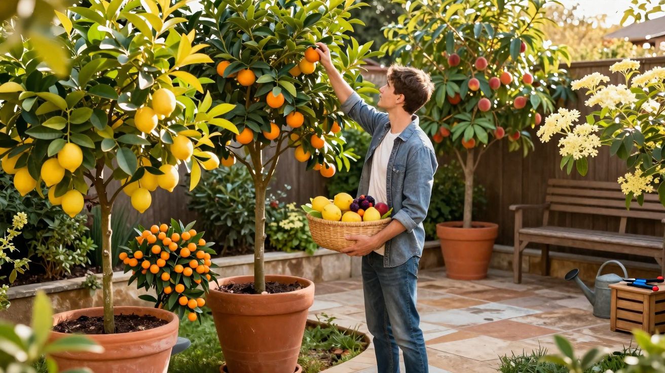 Homem colhendo frutas cítricas em árvores frutíferas plantadas em vasos no jardim ao ar livre.