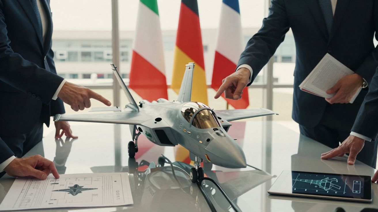Pessoas em um ambiente corporativo discutindo maquete de avião militar com plantas e tablet na mesa.