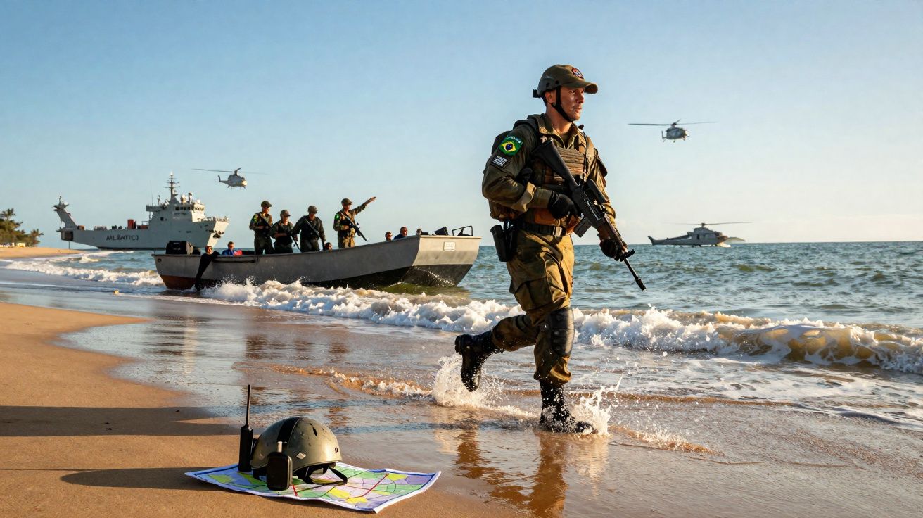 Militar brasileiro com fuzil caminha na praia durante exercício com barco, helicópteros e equipe naval ao fundo.