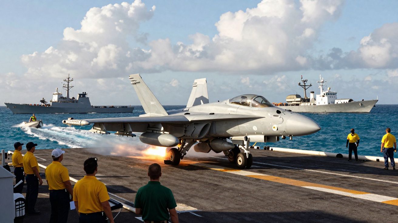 Caça F/A-18 decolando de porta-aviões com equipe em faixa amarela e navios ao fundo no mar.
