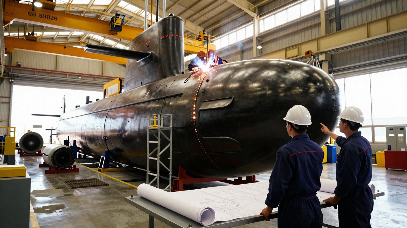 Dois engenheiros observam um submarino em construção dentro de uma fábrica industrial.