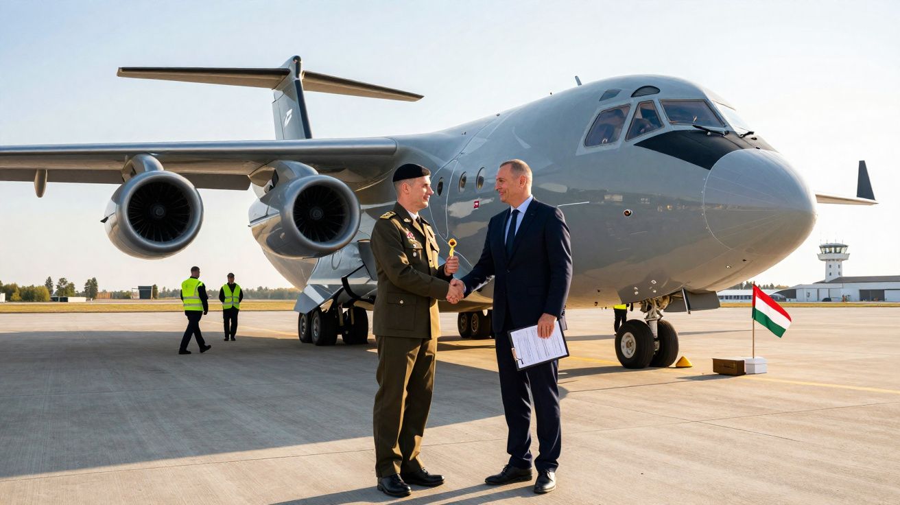 Dois homens, um militar e um civil, apertam as mãos em frente a um avião cinza estacionado no aeroporto.