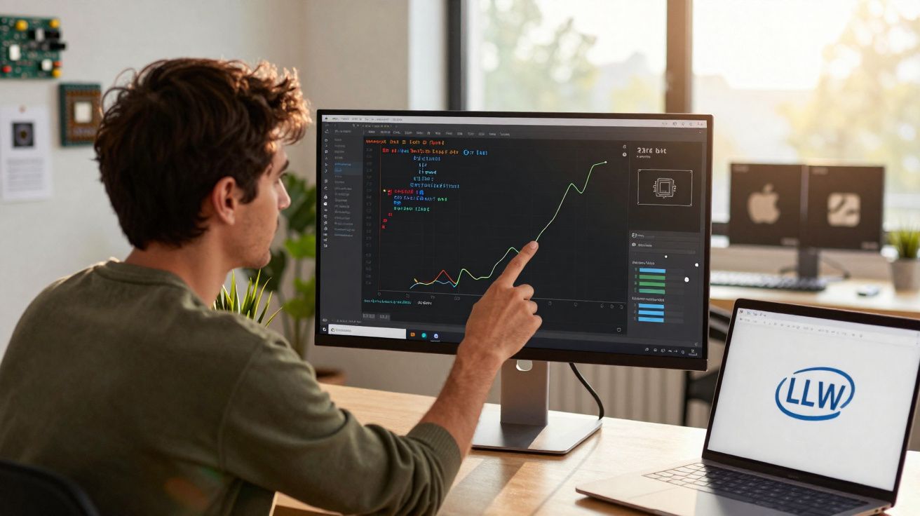 Homem analisando gráfico de crescimento em monitor de computador em ambiente de escritório moderno.