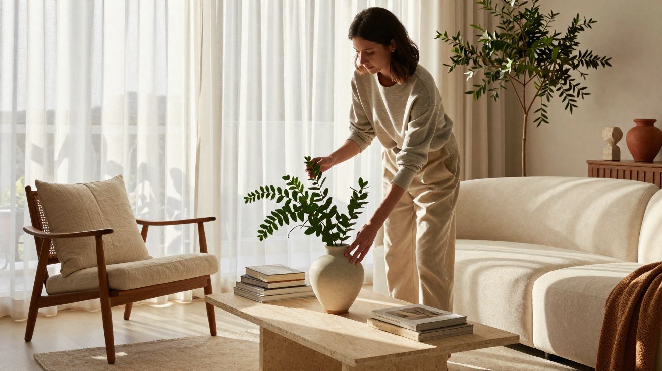 Mulher arrumando plantas em vaso na sala de estar com decoração minimalista e luz natural.