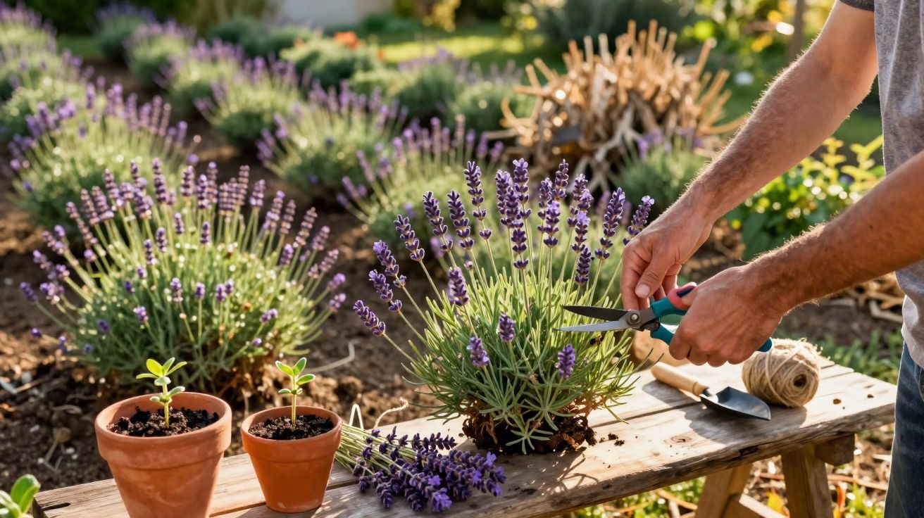 Pessoa podando flores de lavanda em jardim ensolarado com vasos de plantas pequenas sobre banco de madeira.