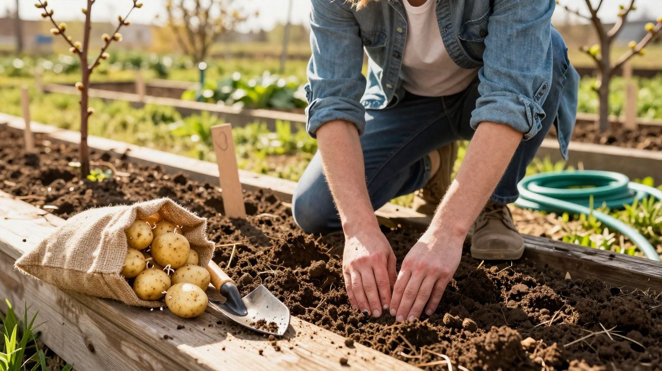 Pessoa plantando batatas em cama de jardim com saco e pá ao lado.
