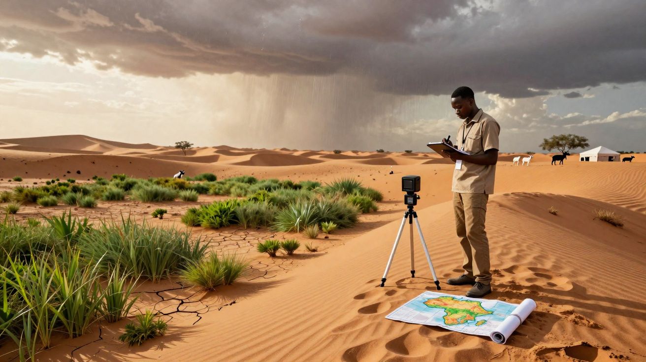 Homem em deserto com vegetação rarefeita, chuva ao longe, mapa no chão e câmera em tripé.