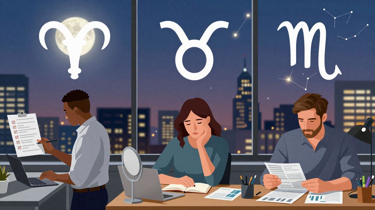 Três pessoas trabalhando à noite com signos de Áries, Touro e Escorpião iluminados na janela atrás delas.