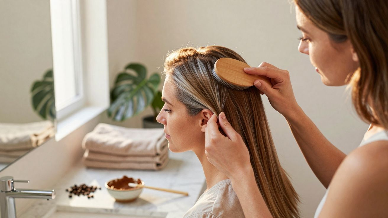 Mulher penteando cabelo de outra em ambiente iluminado com toalhas e plantas ao fundo.