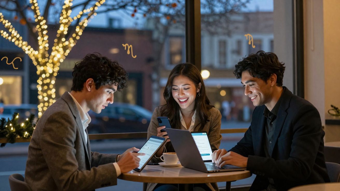 Três jovens trabalhando juntos em laptops e celular em café com decoração de luzes na árvore ao fundo.