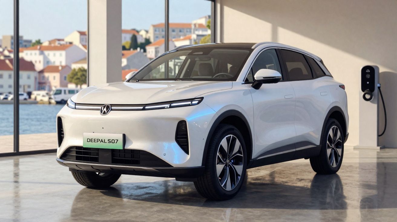 Carro elétrico branco Deepal S07 estacionado em ambiente moderno com janela e estação de recarga ao fundo.