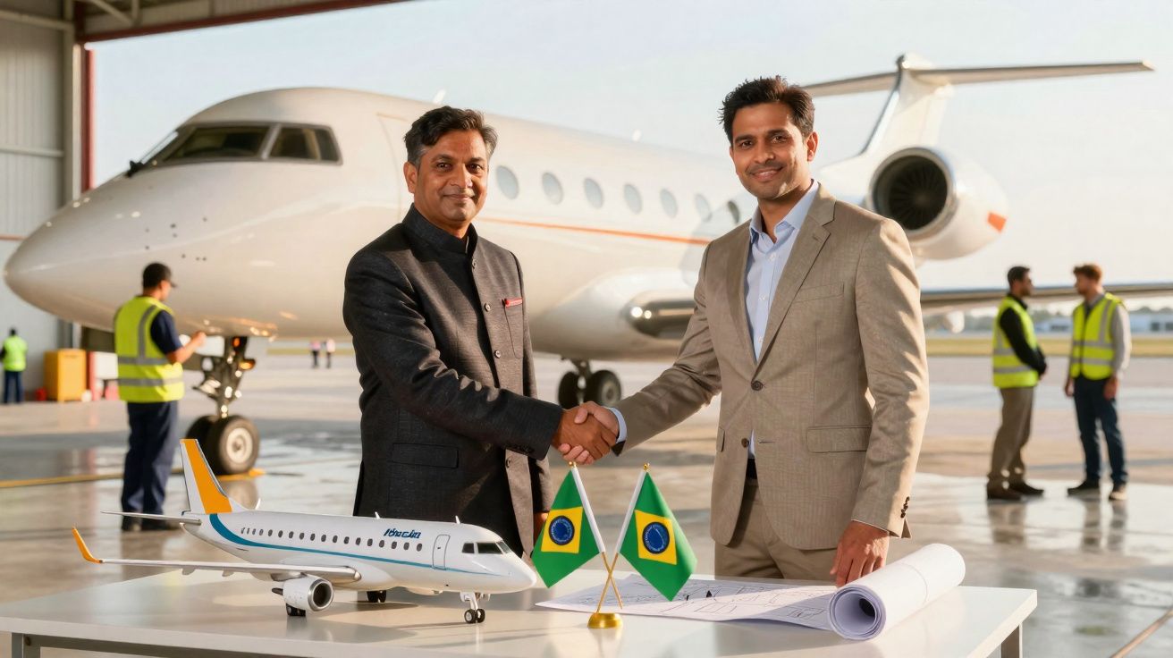Dois homens em terno apertam as mãos diante de avião e maquete com bandeiras do Brasil em hangar aéreo.