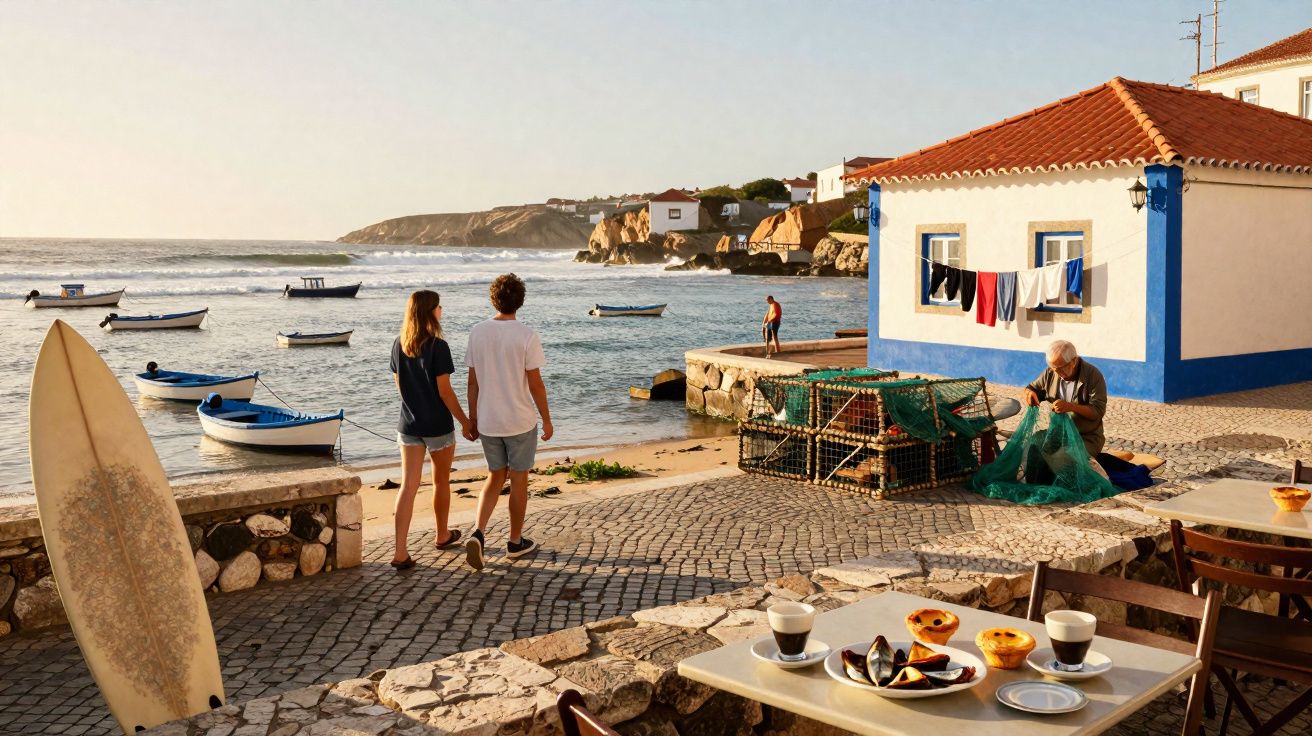 Casal caminhando à beira-mar com barcos, casa branca com azul e mesa com café e doces típicos portugueses.