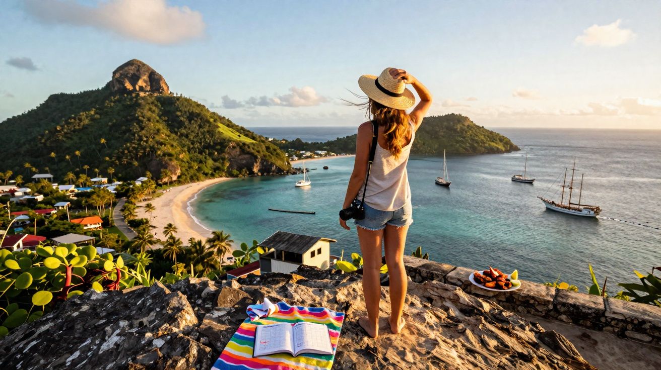 Mulher de chapéu olhando para a praia com barcos e montanhas ao entardecer.