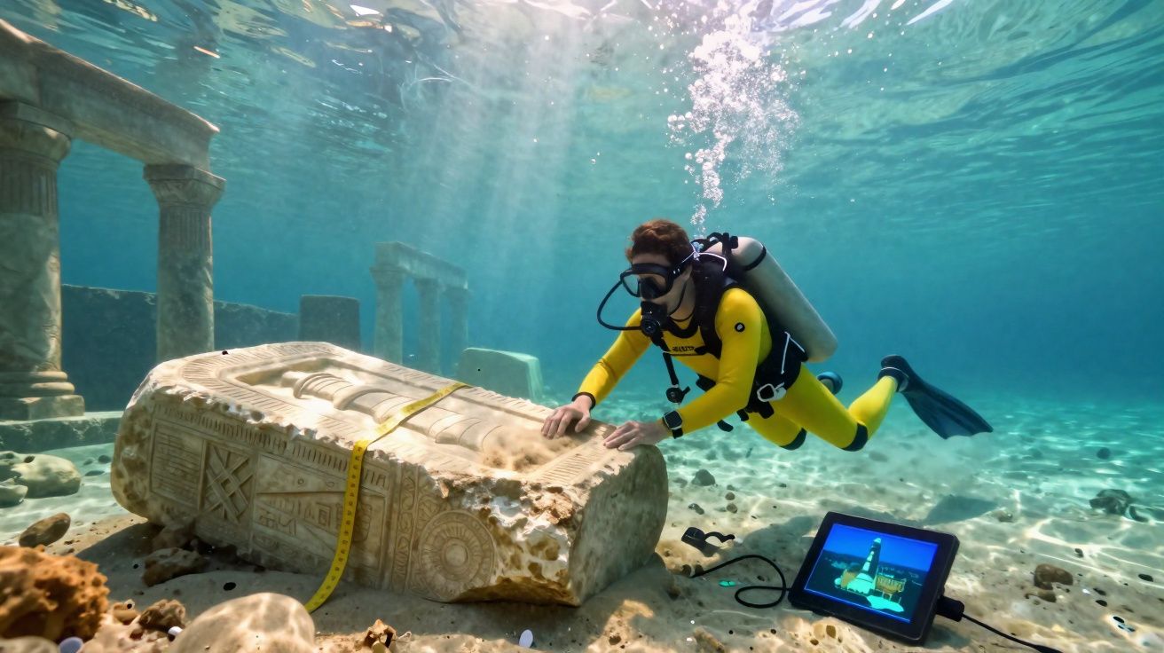 Mergulhador explorando ruínas submersas antigas com equipamentos de medição e um monitor à sua frente.