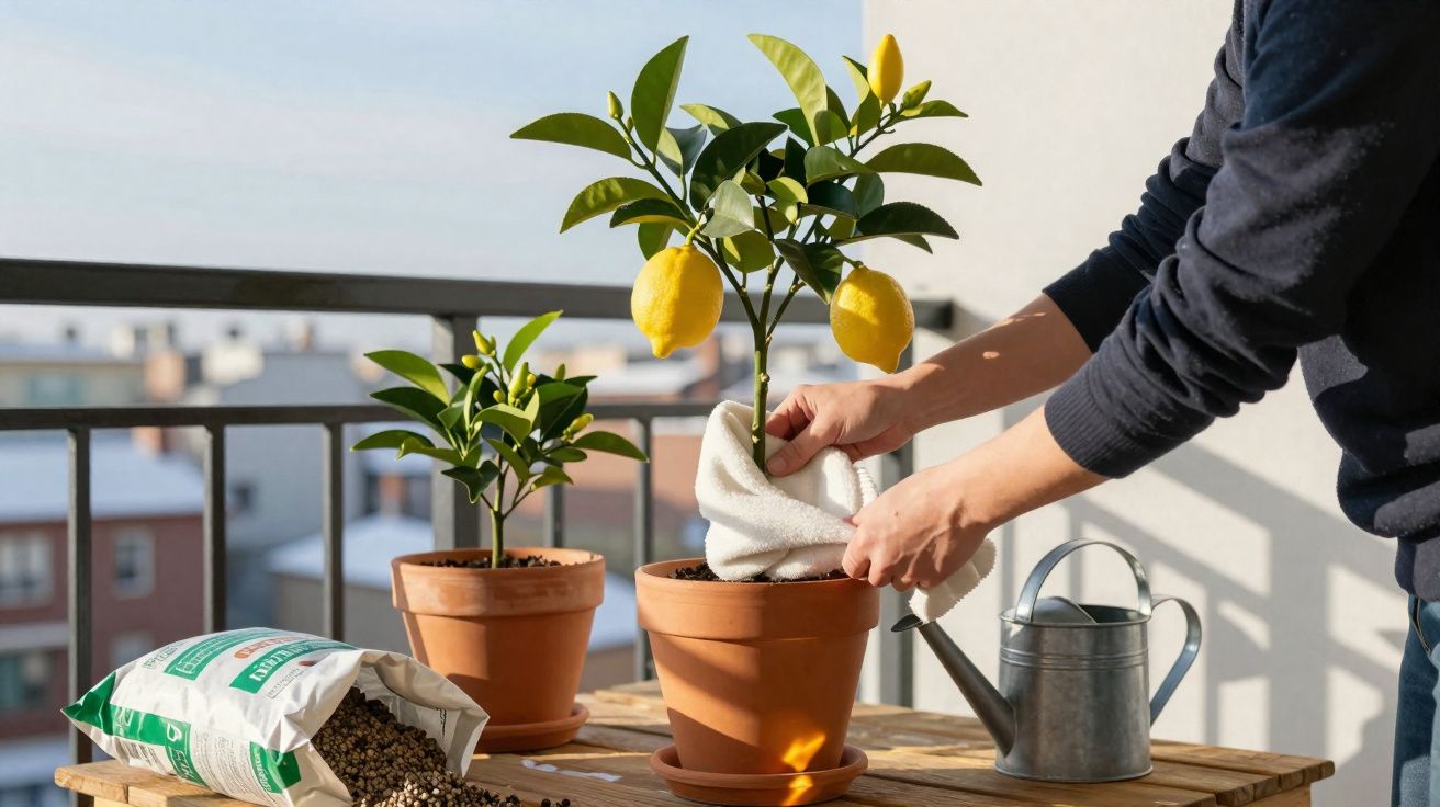 Pessoa cuidando de planta de limão em vaso de cerâmica em varanda com regador e terra ao lado.