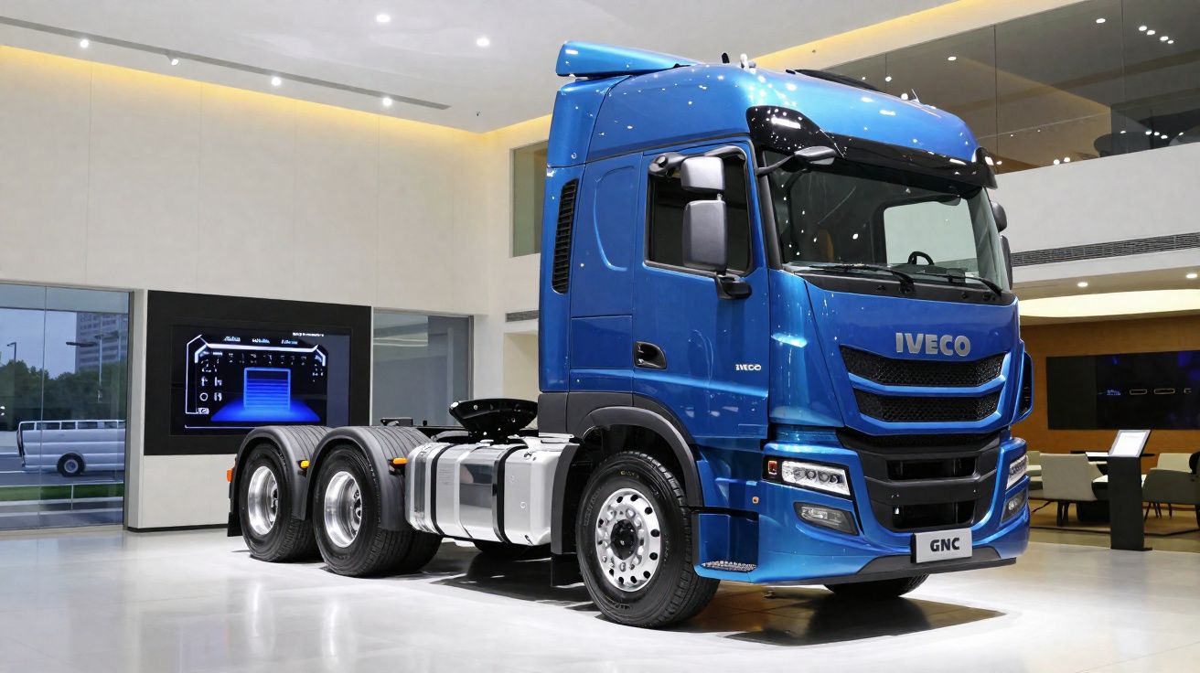 Caminhão Iveco azul modelo GNC exposto em ambiente interno moderno e bem iluminado.
