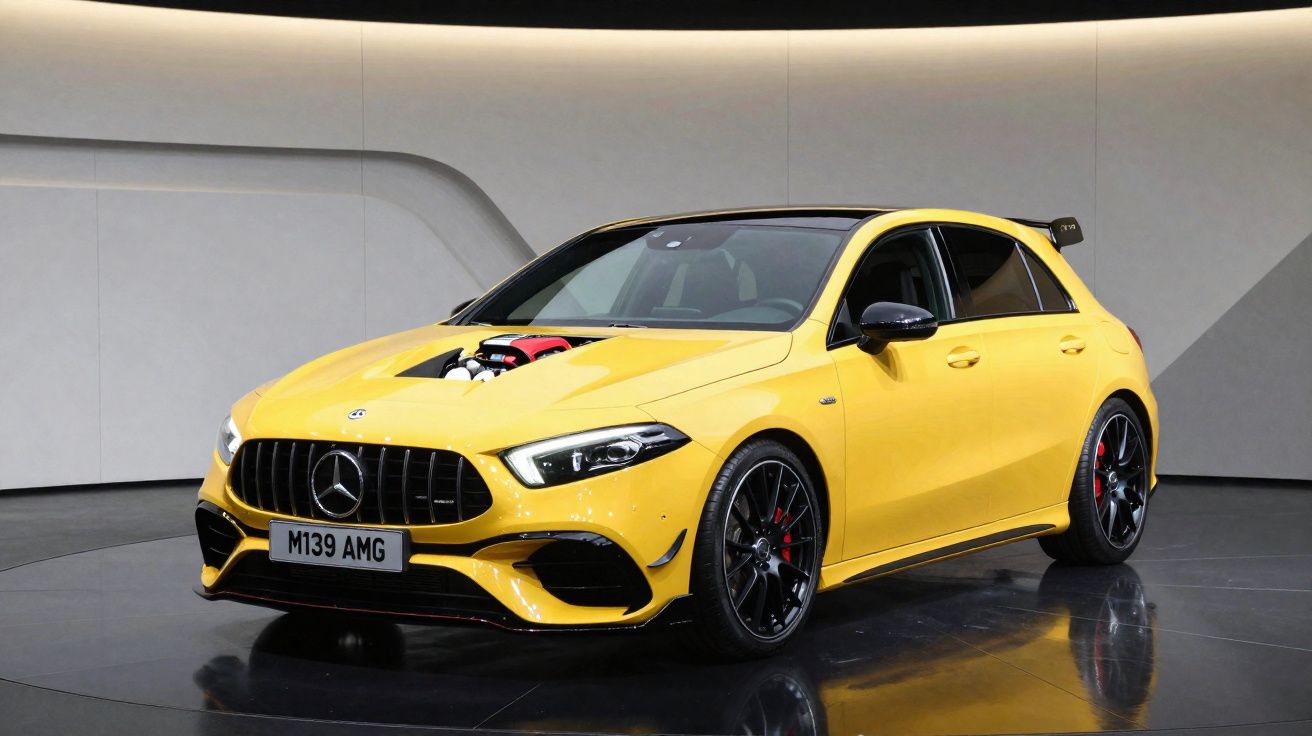 Carro esportivo Mercedes-AMG amarelo com motor visível no capô exibido em ambiente interno moderno.