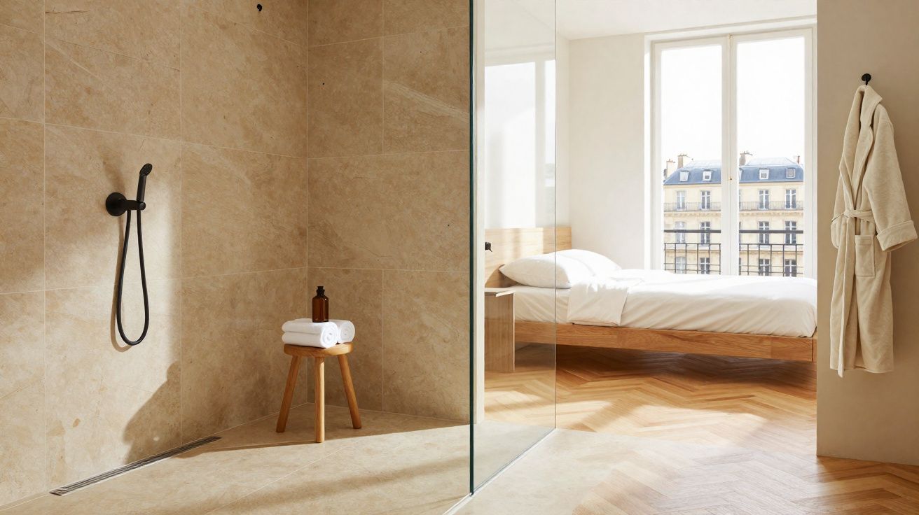 Banheiro com chuveiro preto, banco de madeira com toalhas e quarto iluminado com cama e robe pendurado.